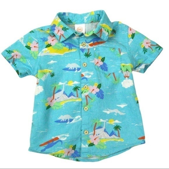 Wonder Nation Linen Blend Island Theme Button Down Short Sleeve Shirt, 2T - Picture 1 of 6